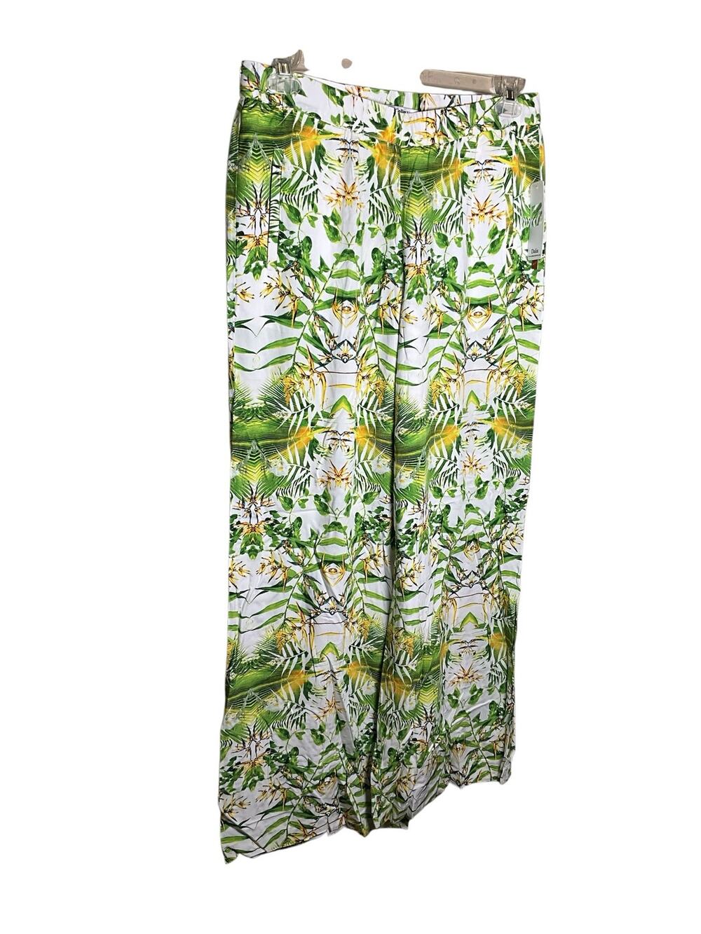 Dalia Collection‎ Pants Women's 10 Green White Floral Wide Leg Comfort Waistband